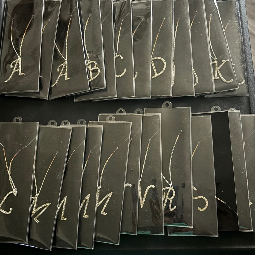 24 Rhinestone Cursive Initial Letter Necklaces 16"+3" Ext Reseller NIP 900-1000